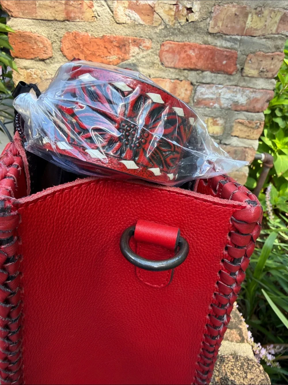 Women's Red Tooled Leather Tote with Hair-on-Hide Accents